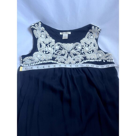 Gold Hawk 100% Silk Mini Tunic Dress Size XS Beaded Black Cream Classy Coastal - Picture 9 of 12